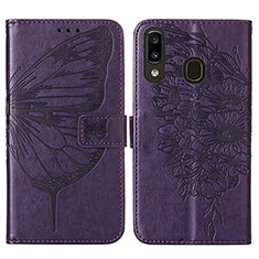 Leather Case Stands Butterfly Flip Cover Holder Y01B for Samsung Galaxy A20 Purple