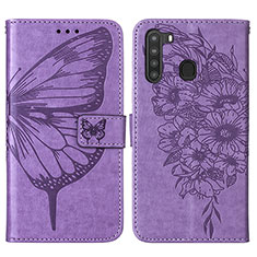 Leather Case Stands Butterfly Flip Cover Holder Y01B for Samsung Galaxy A21 Clove Purple