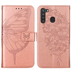 Leather Case Stands Butterfly Flip Cover Holder Y01B for Samsung Galaxy A21 Rose Gold