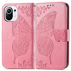 Leather Case Stands Butterfly Flip Cover L02 Holder for Xiaomi Mi 11 Lite 5G Hot Pink
