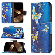 Leather Case Stands Butterfly Flip Cover L07 Holder for Apple iPhone 15 Pro Blue