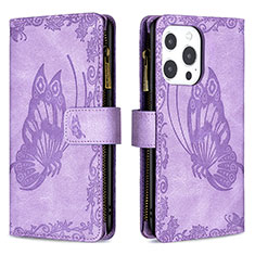 Leather Case Stands Butterfly Flip Cover L08 Holder for Apple iPhone 13 Pro Max Purple