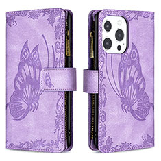 Leather Case Stands Butterfly Flip Cover L08 Holder for Apple iPhone 14 Pro Purple