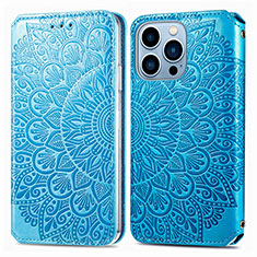 Leather Case Stands Fashionable Pattern Flip Cover H01 Holder for Apple iPhone 13 Pro Blue