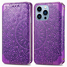Leather Case Stands Fashionable Pattern Flip Cover H01 Holder for Apple iPhone 14 Pro Max Purple