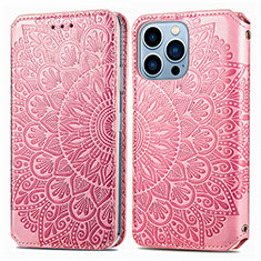 Leather Case Stands Fashionable Pattern Flip Cover H01 Holder for Apple iPhone 14 Pro Max Rose Gold