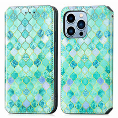Leather Case Stands Fashionable Pattern Flip Cover H10 Holder for Apple iPhone 13 Pro Green