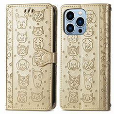 Leather Case Stands Fashionable Pattern Flip Cover H12 Holder for Apple iPhone 13 Pro Gold