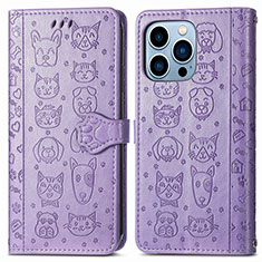 Leather Case Stands Fashionable Pattern Flip Cover H12 Holder for Apple iPhone 13 Pro Purple