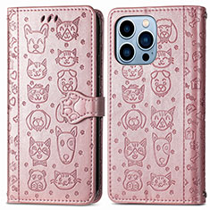 Leather Case Stands Fashionable Pattern Flip Cover H12 Holder for Apple iPhone 13 Pro Rose Gold