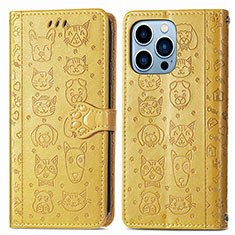 Leather Case Stands Fashionable Pattern Flip Cover H12 Holder for Apple iPhone 13 Pro Yellow