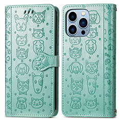 Leather Case Stands Fashionable Pattern Flip Cover H12 Holder for Apple iPhone 14 Pro Green