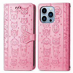 Leather Case Stands Fashionable Pattern Flip Cover H12 Holder for Apple iPhone 14 Pro Max Pink