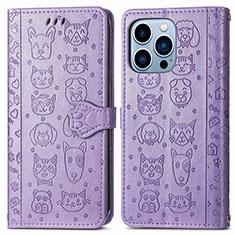 Leather Case Stands Fashionable Pattern Flip Cover H12 Holder for Apple iPhone 14 Pro Max Purple
