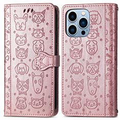 Leather Case Stands Fashionable Pattern Flip Cover H12 Holder for Apple iPhone 14 Pro Rose Gold