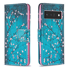 Leather Case Stands Fashionable Pattern Flip Cover Holder B01F for Google Pixel 6 Pro 5G Cyan