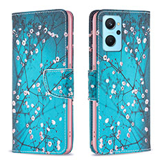 Leather Case Stands Fashionable Pattern Flip Cover Holder B01F for Oppo A96 4G Cyan