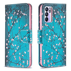 Leather Case Stands Fashionable Pattern Flip Cover Holder B01F for Oppo Reno6 5G Cyan