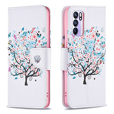 Leather Case Stands Fashionable Pattern Flip Cover Holder B01F for Oppo Reno6 5G White