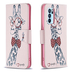 Leather Case Stands Fashionable Pattern Flip Cover Holder B01F for Oppo Reno6 Pro 5G India Pink