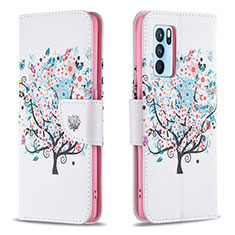 Leather Case Stands Fashionable Pattern Flip Cover Holder B01F for Oppo Reno6 Pro 5G India White