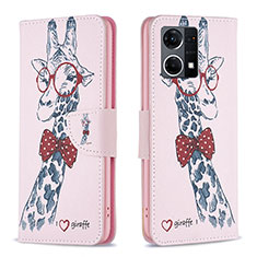 Leather Case Stands Fashionable Pattern Flip Cover Holder B01F for Oppo Reno7 4G Pink