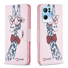 Leather Case Stands Fashionable Pattern Flip Cover Holder B01F for Oppo Reno7 Pro 5G Pink