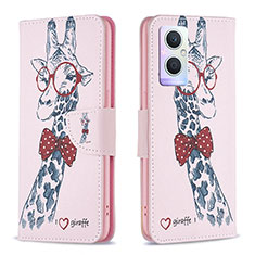 Leather Case Stands Fashionable Pattern Flip Cover Holder B01F for Oppo Reno7 Z 5G Pink
