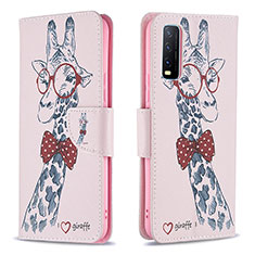 Leather Case Stands Fashionable Pattern Flip Cover Holder B01F for Vivo Y11s Pink