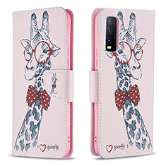 Leather Case Stands Fashionable Pattern Flip Cover Holder B01F for Vivo Y20s Pink