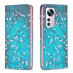 Leather Case Stands Fashionable Pattern Flip Cover Holder B01F for Xiaomi Mi 12 5G Cyan