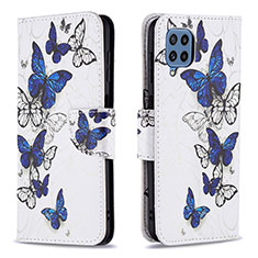 Leather Case Stands Fashionable Pattern Flip Cover Holder B03F for Samsung Galaxy M32 4G Blue