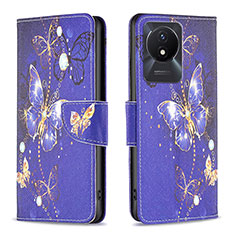 Leather Case Stands Fashionable Pattern Flip Cover Holder B03F for Vivo Y11 (2023) Navy Blue