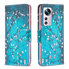 Leather Case Stands Fashionable Pattern Flip Cover Holder B03F for Xiaomi Mi 12 5G Cyan