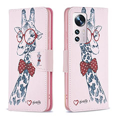 Leather Case Stands Fashionable Pattern Flip Cover Holder B03F for Xiaomi Mi 12S Pro 5G Pink