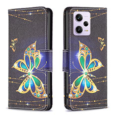 Leather Case Stands Fashionable Pattern Flip Cover Holder B03F for Xiaomi Redmi Note 12 Pro 5G Black