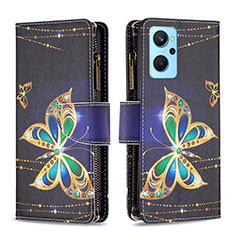 Leather Case Stands Fashionable Pattern Flip Cover Holder B04F for Oppo A96 4G Black