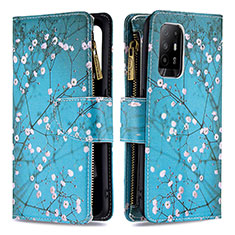 Leather Case Stands Fashionable Pattern Flip Cover Holder B04F for Oppo Reno5 Z 5G Cyan
