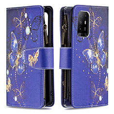 Leather Case Stands Fashionable Pattern Flip Cover Holder B04F for Oppo Reno5 Z 5G Navy Blue