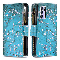 Leather Case Stands Fashionable Pattern Flip Cover Holder B04F for Oppo Reno6 5G Cyan