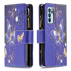 Leather Case Stands Fashionable Pattern Flip Cover Holder B04F for Oppo Reno6 Pro 5G India Navy Blue