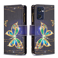 Leather Case Stands Fashionable Pattern Flip Cover Holder B04F for Oppo Reno7 5G Black