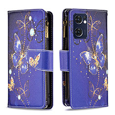 Leather Case Stands Fashionable Pattern Flip Cover Holder B04F for Oppo Reno7 5G Navy Blue