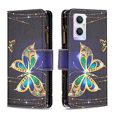 Leather Case Stands Fashionable Pattern Flip Cover Holder B04F for Oppo Reno7 Lite 5G Black