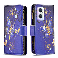 Leather Case Stands Fashionable Pattern Flip Cover Holder B04F for Oppo Reno8 Lite 5G Navy Blue