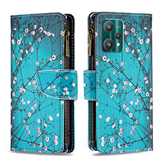Leather Case Stands Fashionable Pattern Flip Cover Holder B04F for Realme 9 5G Cyan