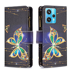 Leather Case Stands Fashionable Pattern Flip Cover Holder B04F for Realme 9 Pro+ Plus 5G Black
