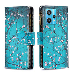 Leather Case Stands Fashionable Pattern Flip Cover Holder B04F for Realme 9 Pro+ Plus 5G Cyan