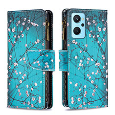 Leather Case Stands Fashionable Pattern Flip Cover Holder B04F for Realme 9i 4G Cyan