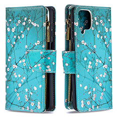 Leather Case Stands Fashionable Pattern Flip Cover Holder B04F for Samsung Galaxy A12 Cyan